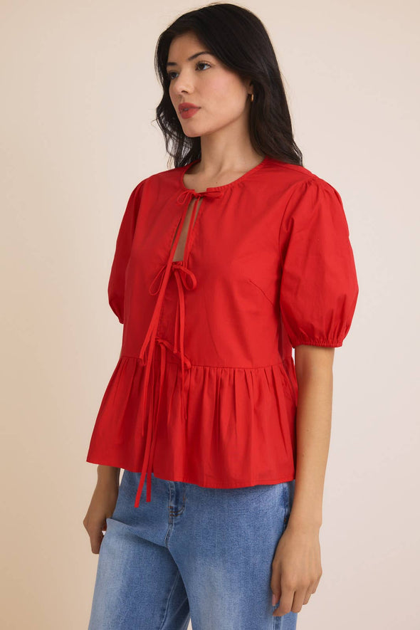 FRONT TIES PUFF HALF SLEEVE BLOUSE