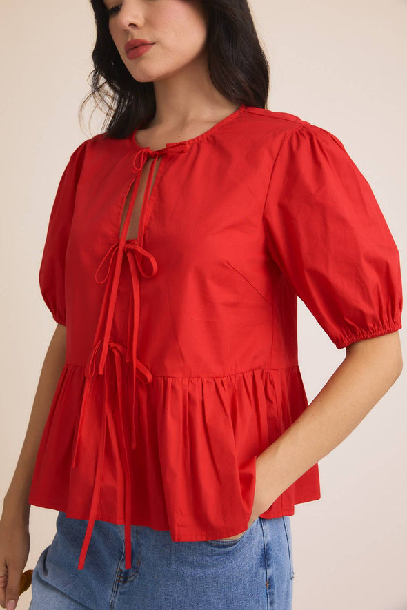 FRONT TIES PUFF HALF SLEEVE BLOUSE