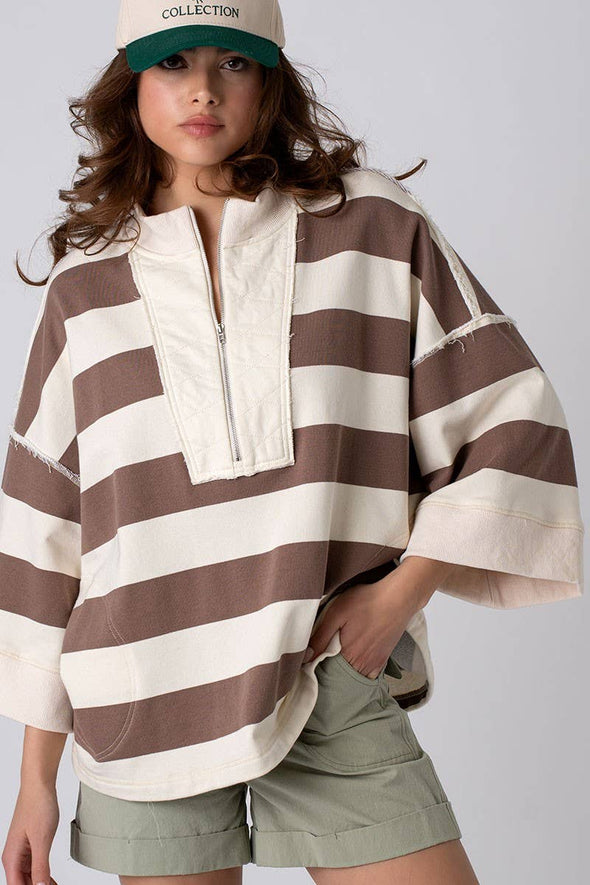 Oversized Half Zip Bold Stripe Statement Pullover Sweatshirt