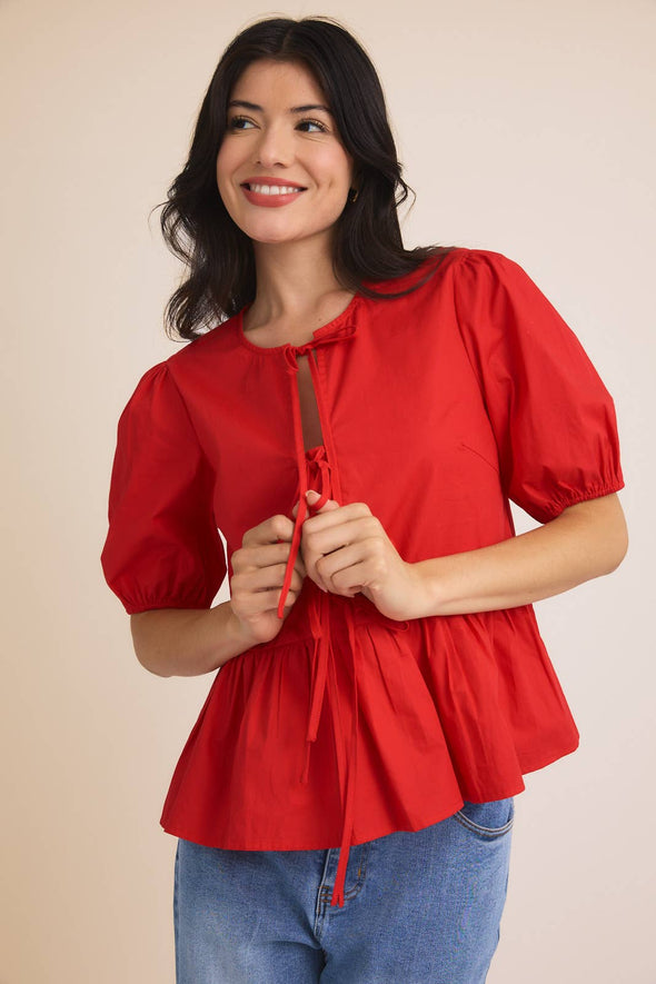 FRONT TIES PUFF HALF SLEEVE BLOUSE