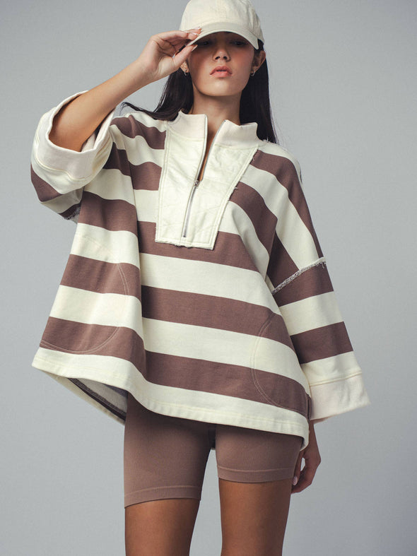 Oversized Half Zip Bold Stripe Statement Pullover Sweatshirt