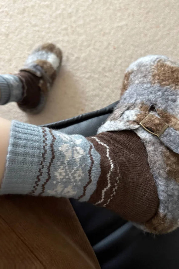 Wool Snowflake Socks In Blue & Brown