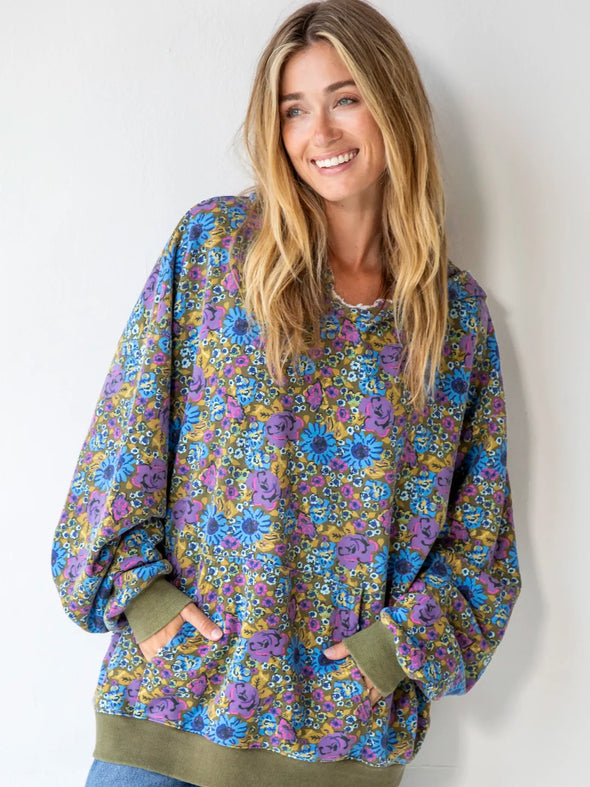 Blue Purple Daisy Oversized Printed Hoodie