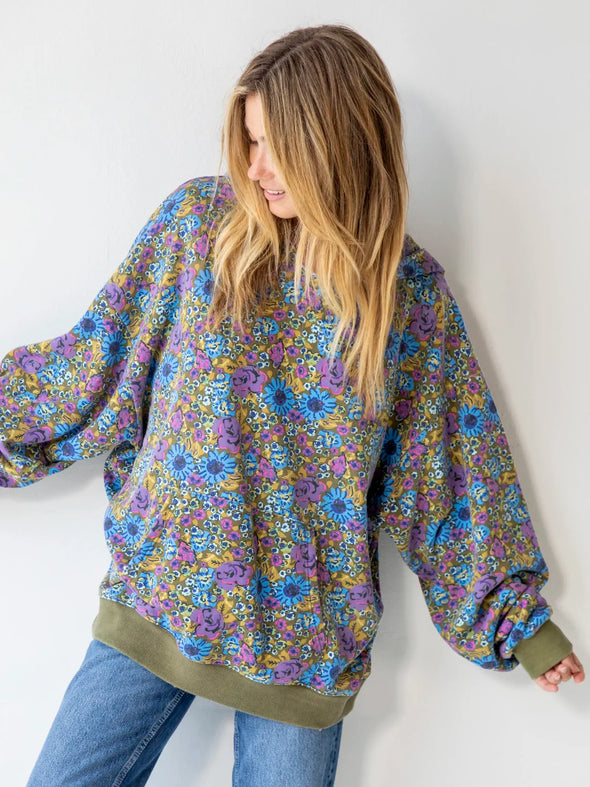 Blue Purple Daisy Oversized Printed Hoodie