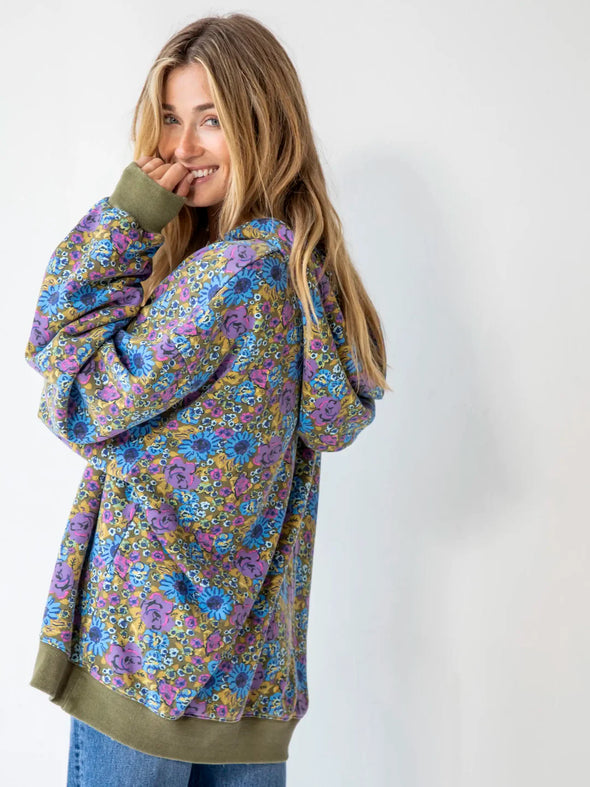 Blue Purple Daisy Oversized Printed Hoodie