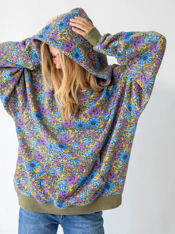 Blue Purple Daisy Oversized Printed Hoodie