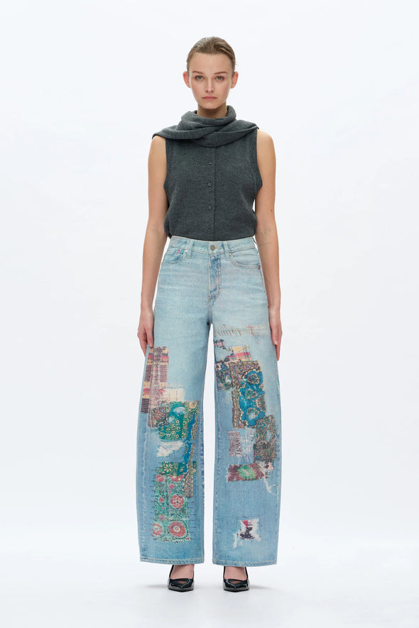 Patch High Rise Barrel Leg Work Jeans