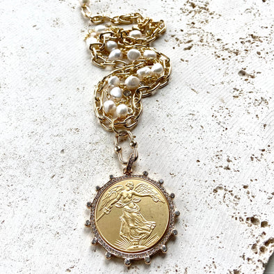 Angel coin medallion necklace pearl gold jewelry crystal