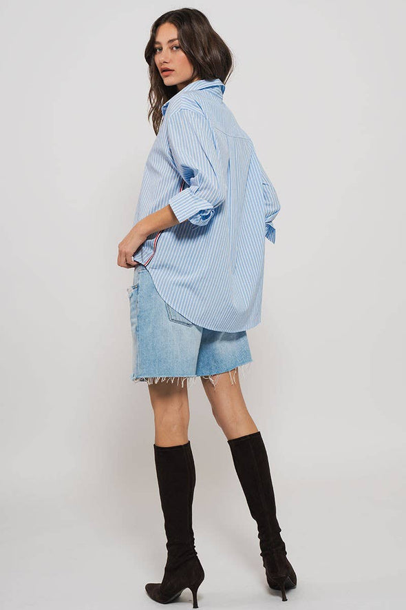 Striped Twill Tape Detail Statement Button Shirt