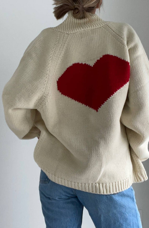 Varsity Chunky Heart Cardigan In Ivory
