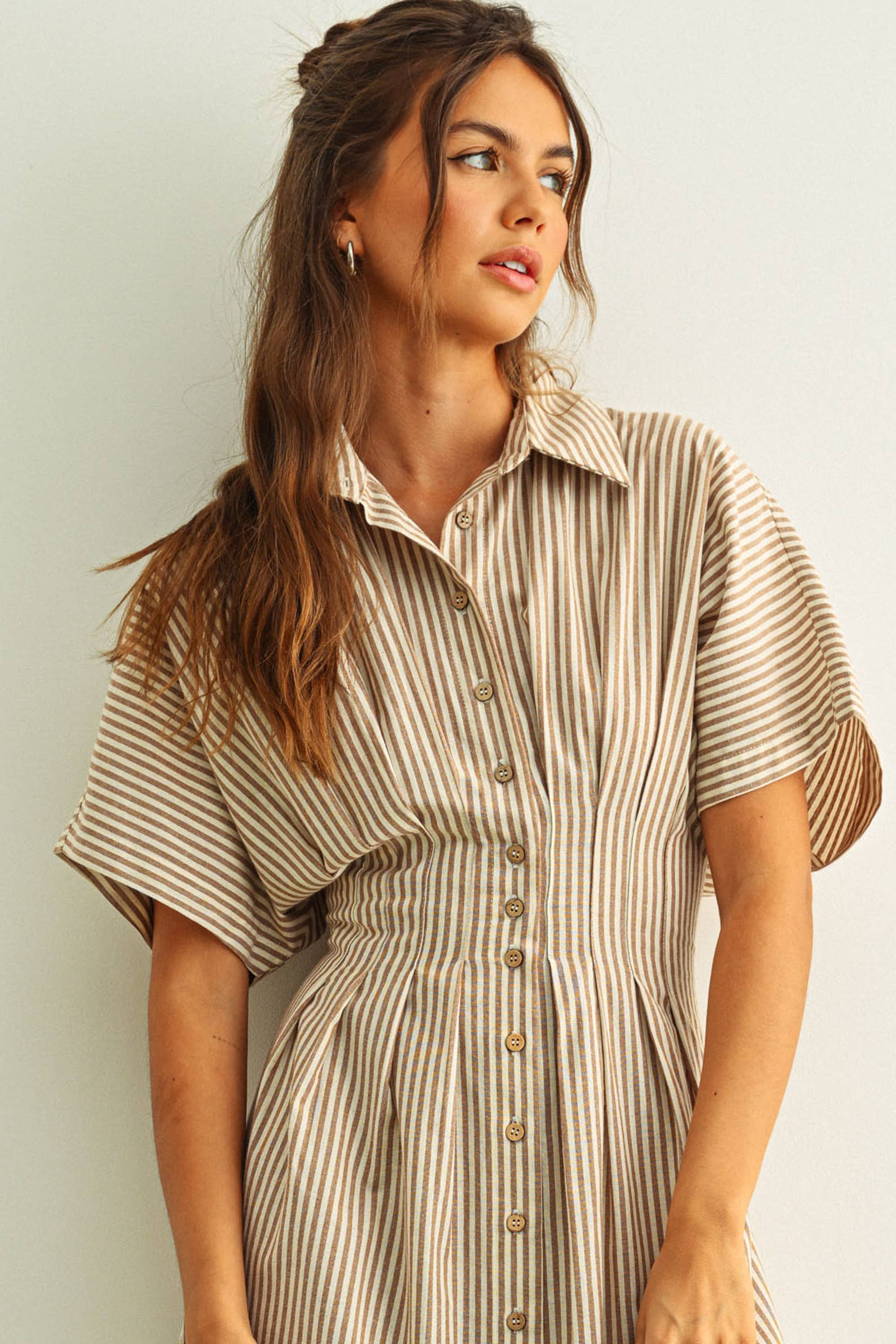 brown and white striped shirt dress Brown Stripe Mini Dress - All Dresses