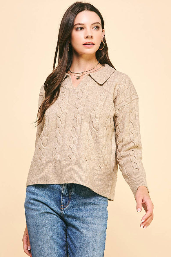 CABLE KNIT COLLARED SWEATER TOP - OATMEAL