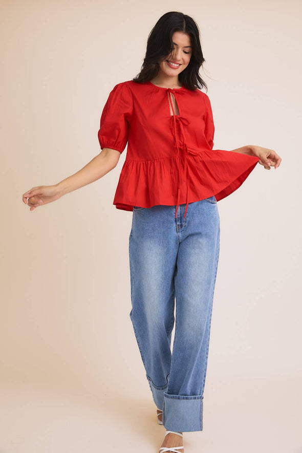 FRONT TIES PUFF HALF SLEEVE BLOUSE