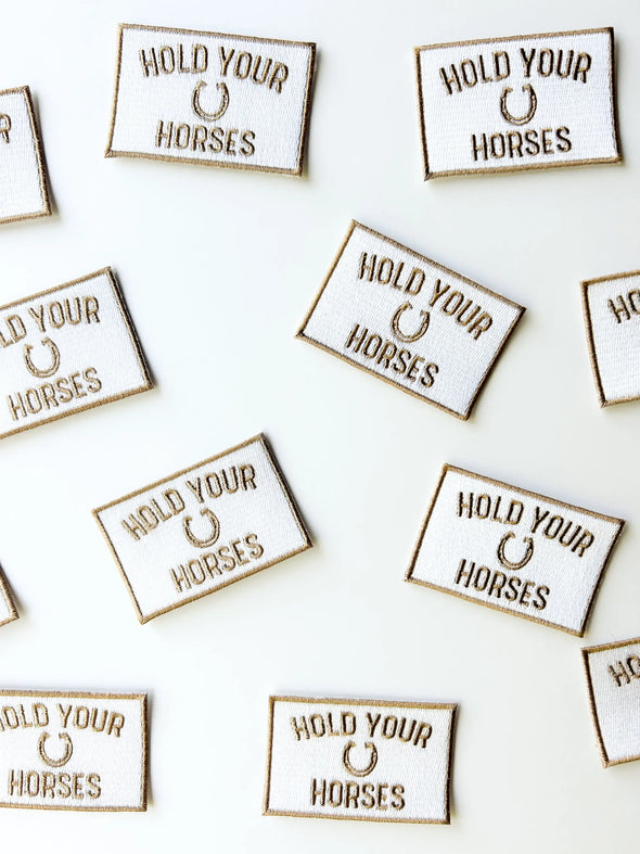 Brown and White Hold Your Horses Iron On Patch