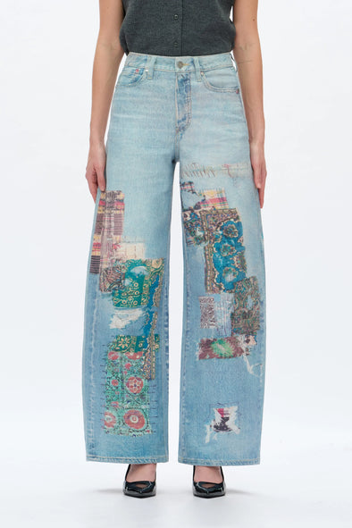 Patch High Rise Barrel Leg Work Jeans