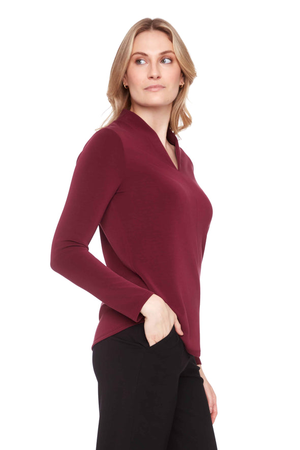Butter Long-Sleeve V-Neck Top in Merlot