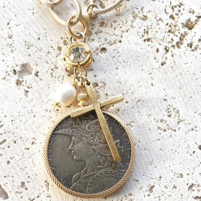 Chunky coin necklace cross matte gold jewelry