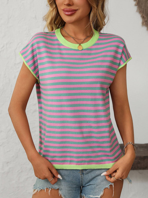 Two Tone Striped Solid Short Sleeve Knit Top