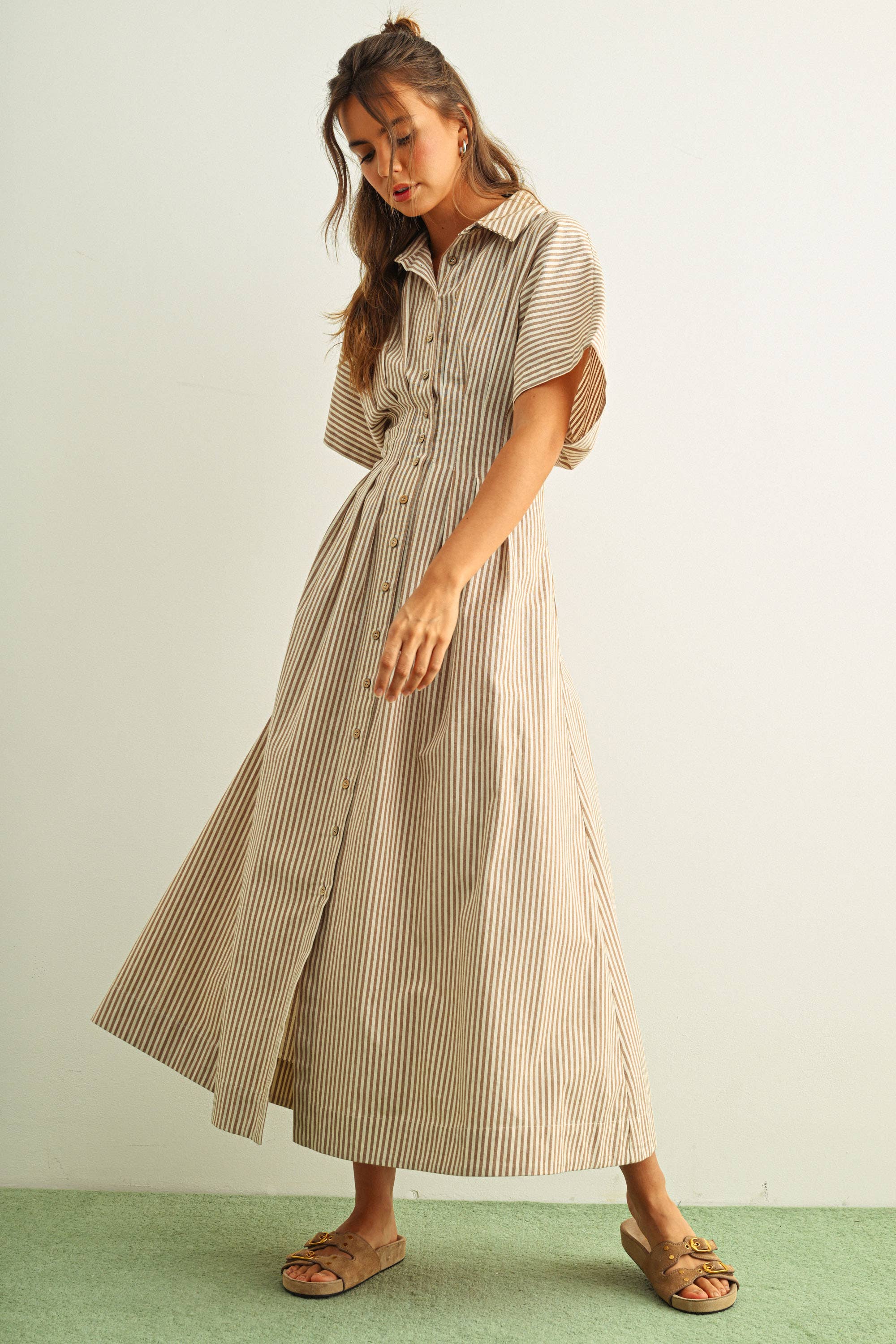 brown stripe shirt dress Belted Stripe Shirt Dress