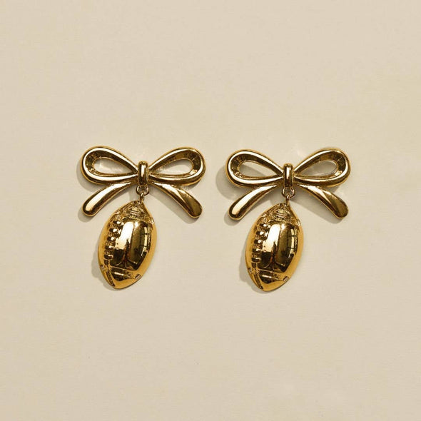 Gold Football & Bow Drop Studs