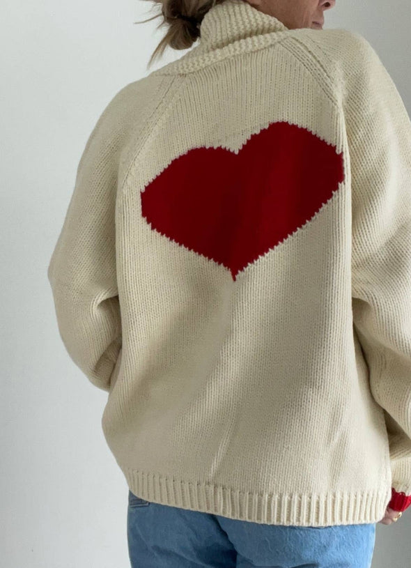 Varsity Chunky Heart Cardigan In Ivory