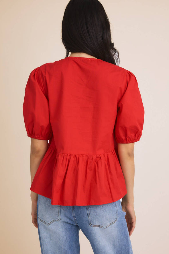 FRONT TIES PUFF HALF SLEEVE BLOUSE