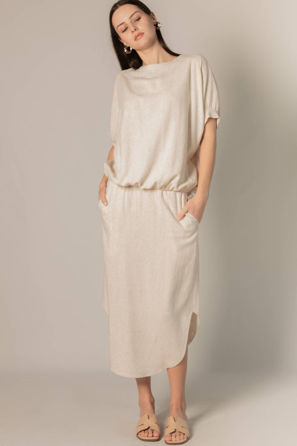 P.CILL Linen 3/4 Sleeve Round Neck Elastic Waistband Top