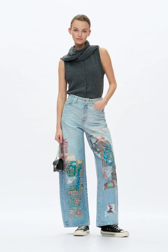 Patch High Rise Barrel Leg Work Jeans