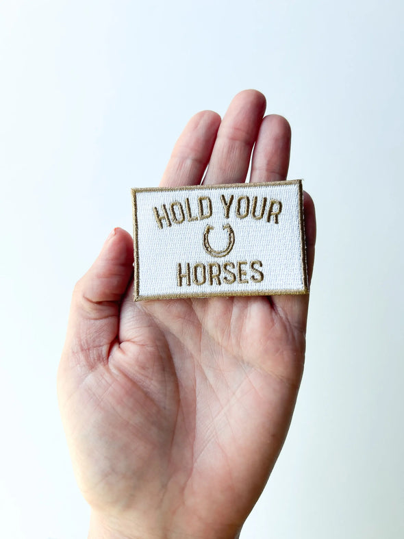 Brown and White Hold Your Horses Iron On Patch