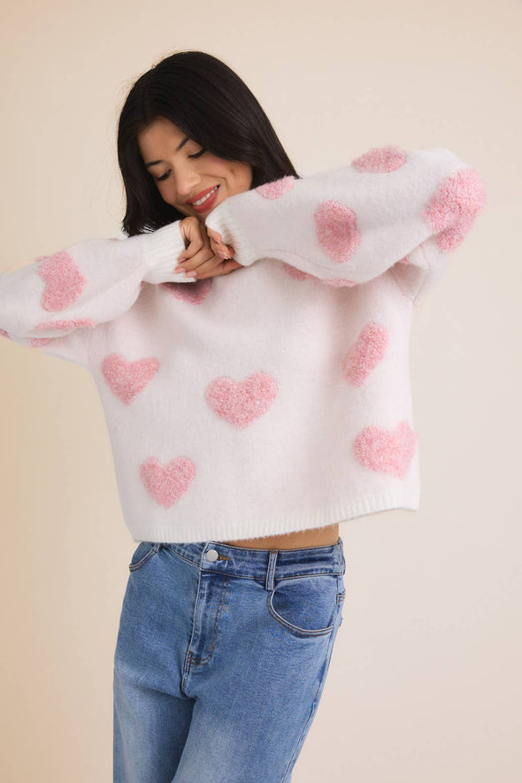 ROUND NECK LONG SLEEVE HEART SWEATER