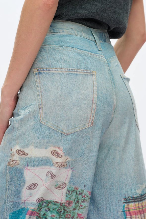 Patch High Rise Barrel Leg Work Jeans