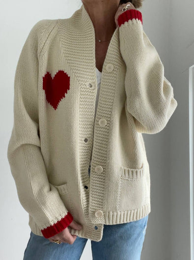 Varsity Chunky Heart Cardigan In Ivory