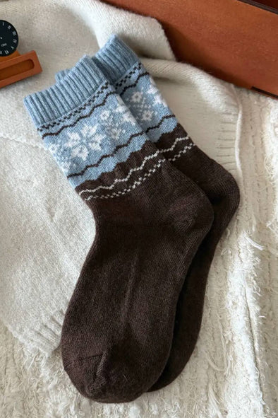 Wool Snowflake Socks In Blue & Brown