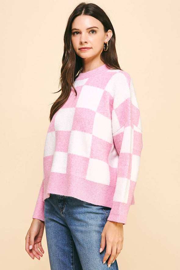 COLOR BLOCK CREW NECK PULLOVER - PINK