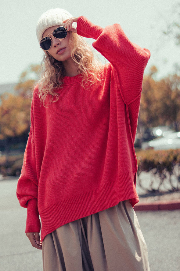 Red Oversized Cotton Knit Sweater