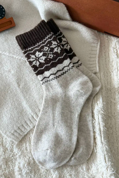 Wool Snowflake Socks In Brown & Grey