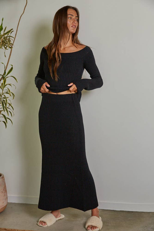 Black Knit Sweater Midi Skirt