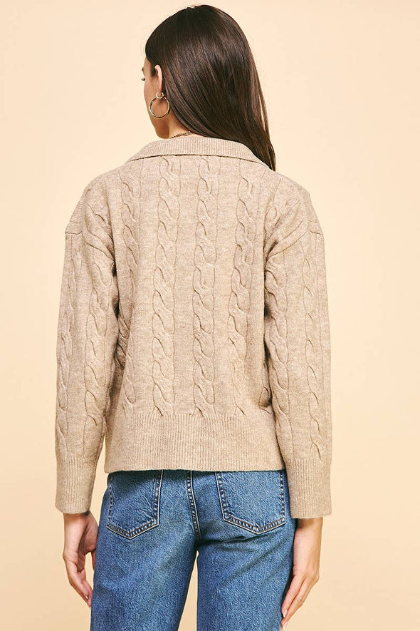 CABLE KNIT COLLARED SWEATER TOP - OATMEAL