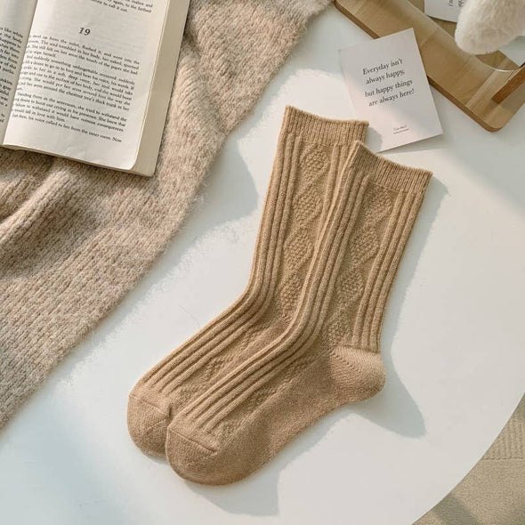 Knitted Cashmere Crew Cozy Socks in Light Khaki