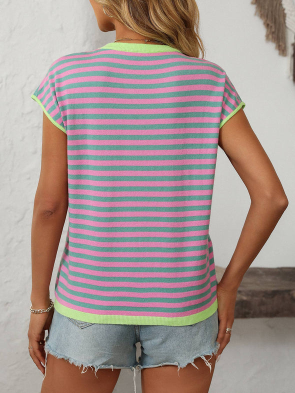 Two Tone Striped Solid Short Sleeve Knit Top