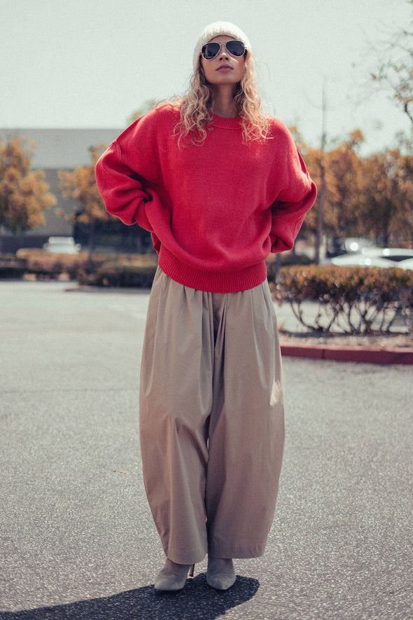 Red Oversized Cotton Knit Sweater