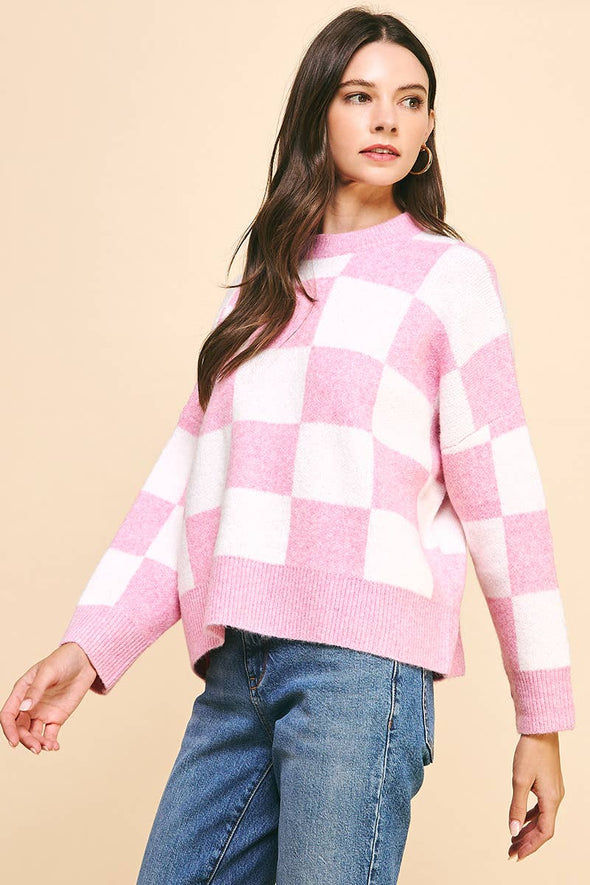 COLOR BLOCK CREW NECK PULLOVER - PINK