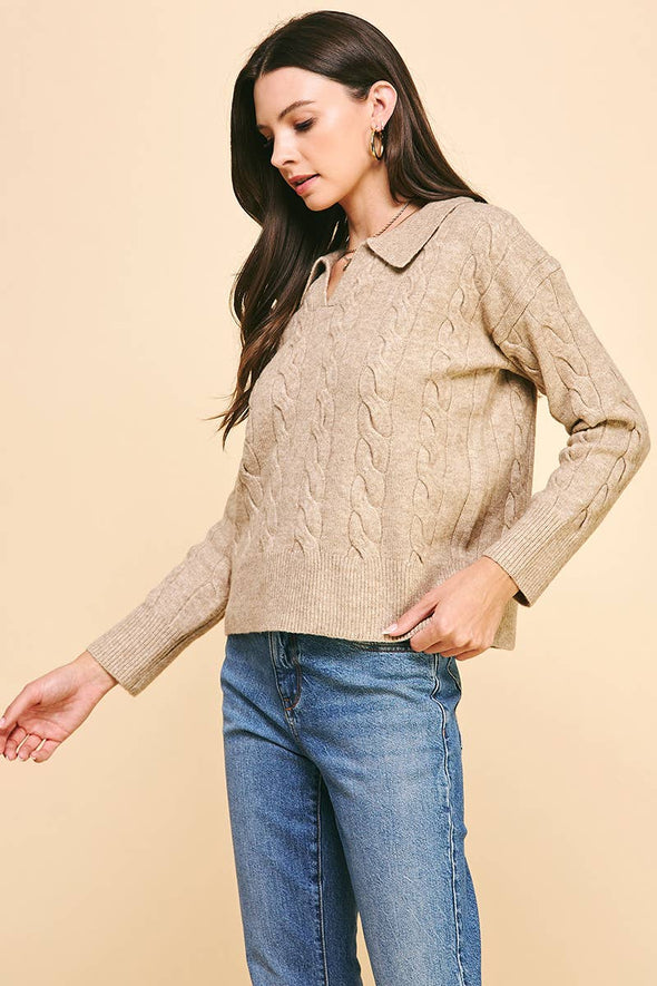 CABLE KNIT COLLARED SWEATER TOP - OATMEAL