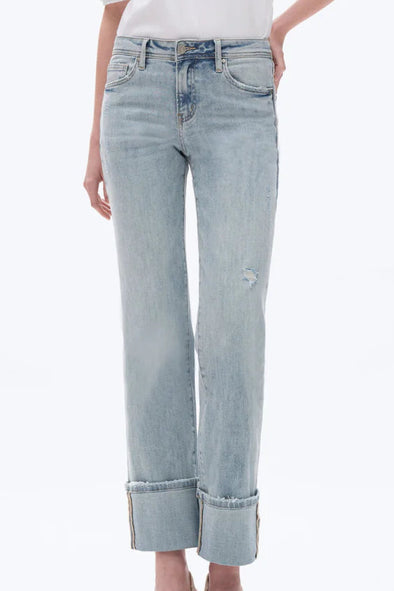 Flora Mid Rise Straight Cuffed Denim Jeans In Light Blue
