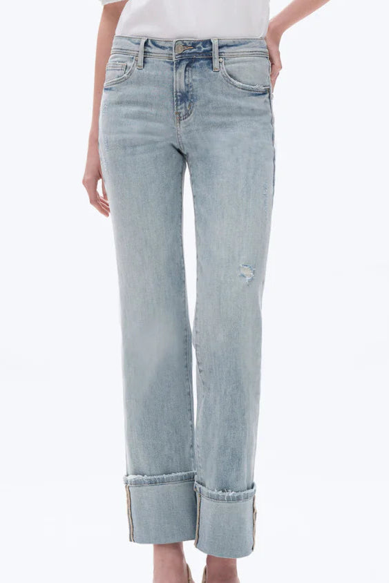 Flora Mid Rise Straight Cuffed Denim Jeans In Light Blue