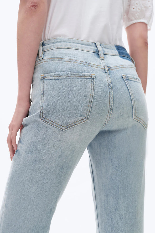Flora Mid Rise Straight Cuffed Denim Jeans In Light Blue