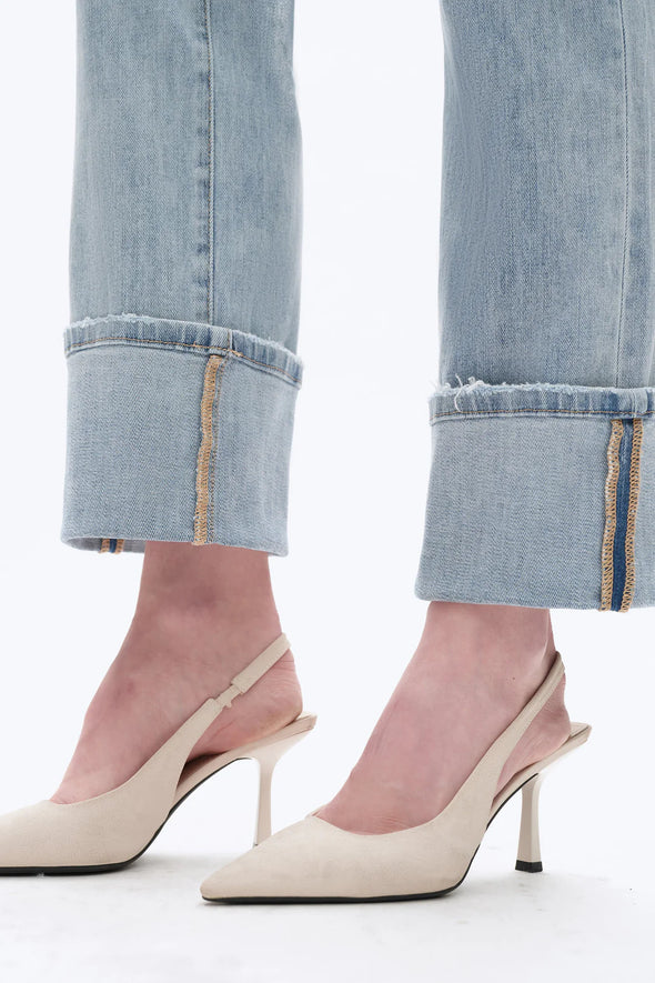 Flora Mid Rise Straight Cuffed Denim Jeans In Light Blue