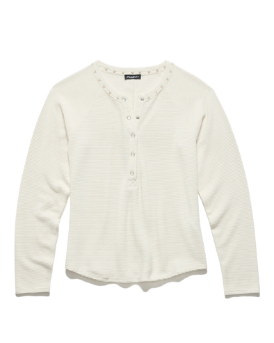 Cambria Embroidered Waffle Henley in Ecru