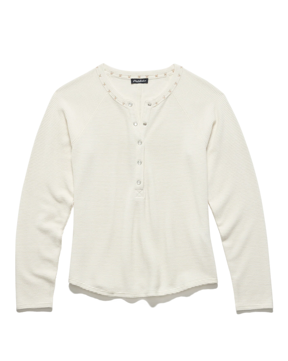 Cambria Embroidered Waffle Henley in Ecru