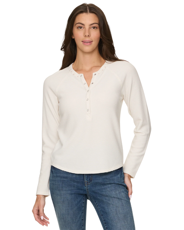Cambria Embroidered Waffle Henley in Ecru